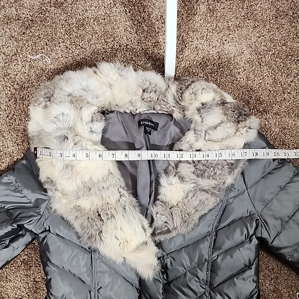 Bebe Rabbit Fur Trimmed Silver Puffer Jacket Coat